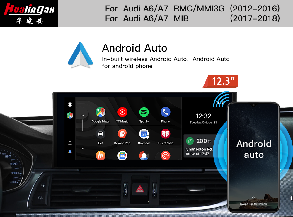 for Audi MIB A6 S6 RS6 C7 12.3” Blu-Ray TouchScreen Navigation Multimedia Apple CarPlay Fullscreen Android Auto Android 12 Video In Motion Youtube Facebook