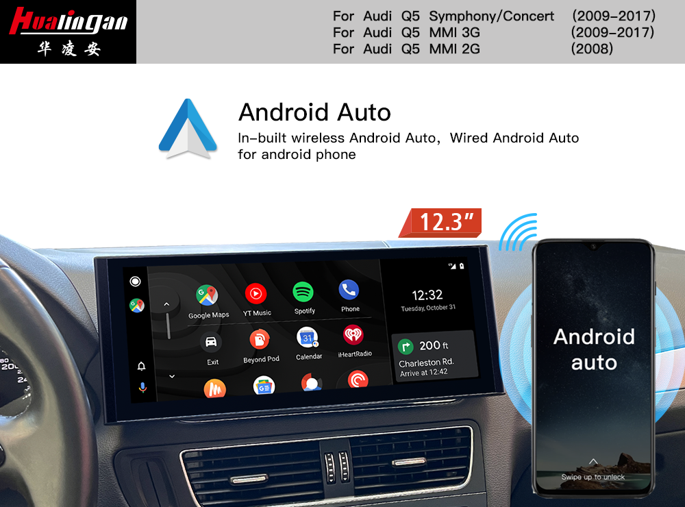 For Audi Q5 SQ5 8R MMIi 3G LHD 12.3”Blu-Ray Touchscreen USB GPS Navigation Apple CarPlay Fullscreen Android Mirroring DAB+ Bluetooth Grid Musicvia Radio