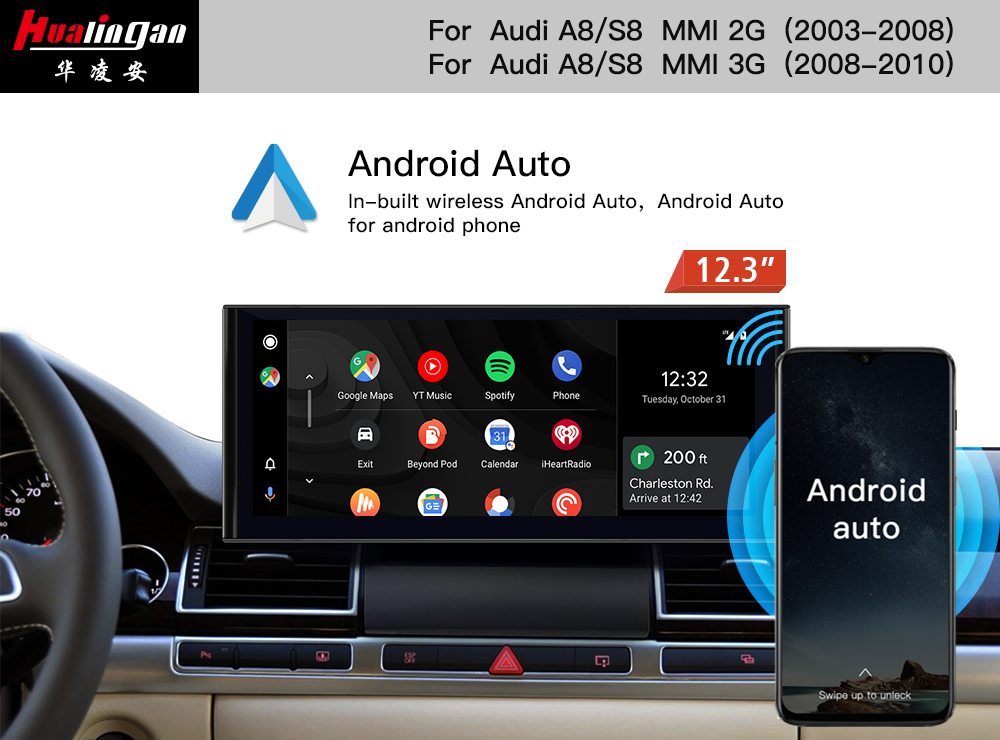 12.3"Blu-ray Touchscreen for Audi A8 S8 D3 MMI 2G Apple Caplay Fullscreen Android Mirroring GPS Navigation 4G Video In Motion Youtube DAB+ Obd2 Scanner 