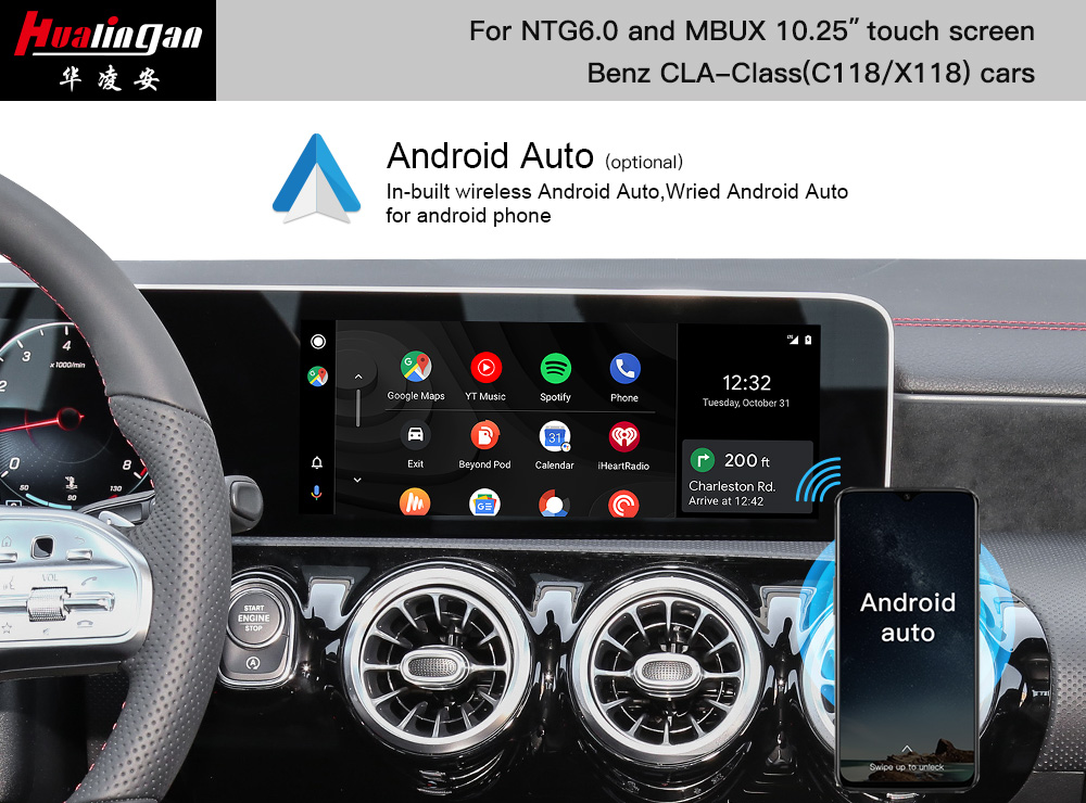 Audroid Auto Mercedes CLA C118 X118 Apple CarPlay Retrofit MBUX Navigation with 10.25 Touchscreen Fullscree Mirroring Upgrade AHD Camera Video MBUX Youtube