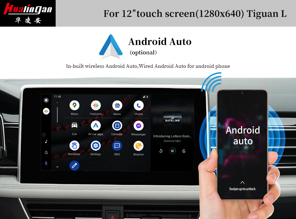 Hualingan VW Tiguan L Apple CarPlay Wireless Android Auto 12”1560*700 Touch Screen Upgrade Full Screen Mirror Android 12 Wifi Video Navi Google Maps Pioneer CarPlay