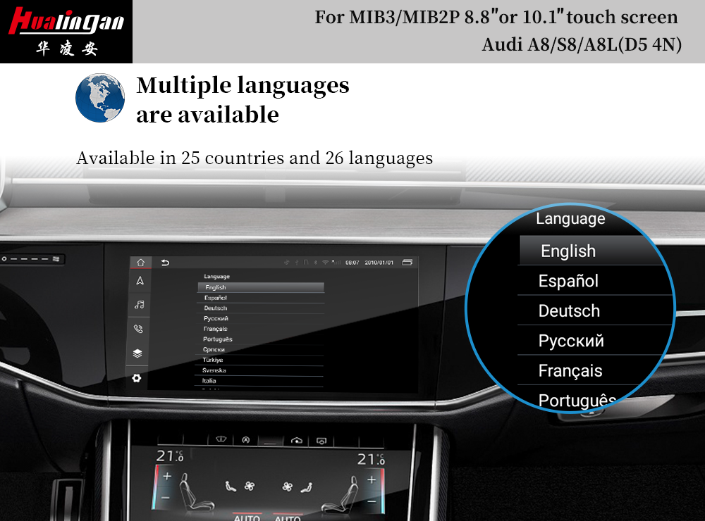 Hualingan Audi A8 S8 D5 MIB2 Wireless Apple CarPlay Full Scree Android Auto Upgrade Screen Mirroring Android System Rear Camera Android 12 Navigation Gooel Maps Video 360 Camera 4G