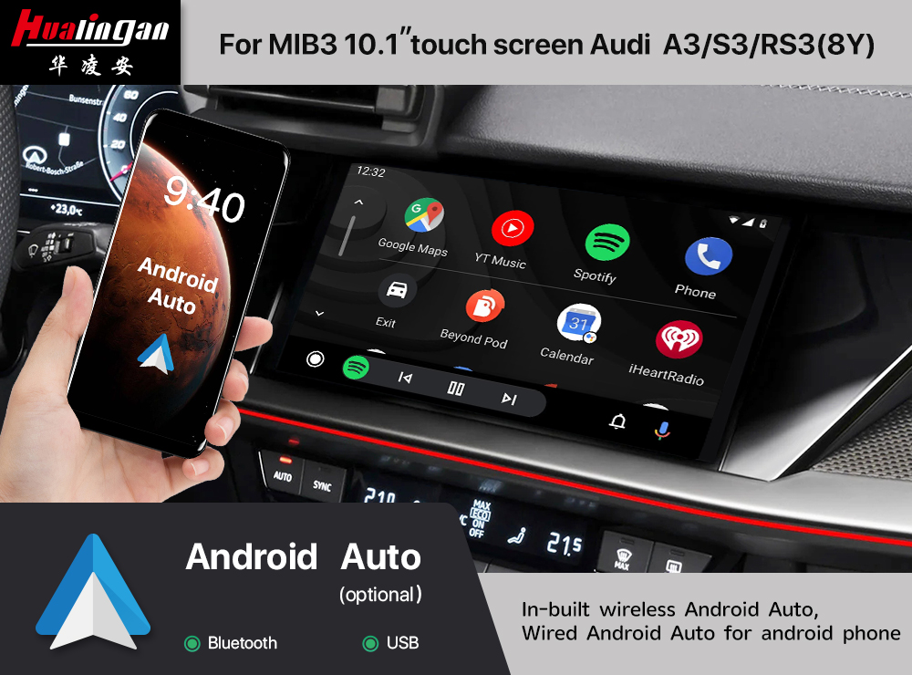 Hualingan Wireless Apple CarPlay for Audi MIB 3 A3 S3 RS3 (8Y) Android Auto Video in Motion Multimedia Navigation Screen Mirroring Android 12 Wifi 4G Rear Camera Apple in CarPlay 
